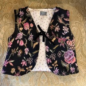 Cotton Floral Embroidered Vest with Velvet Tie Closure